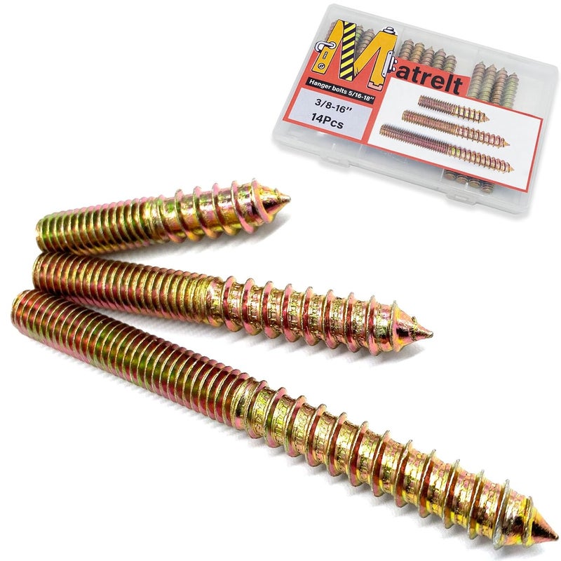 Matrelt 14Pack 3/8-16" Hanger Bolts 3Sizes 2-4 Inch Double Headed Bolts Wood Dowel Screw Self-Tapping Screw Hanger Bolts for Wood Furniture Double Threaded Rods Bolt - Image 1